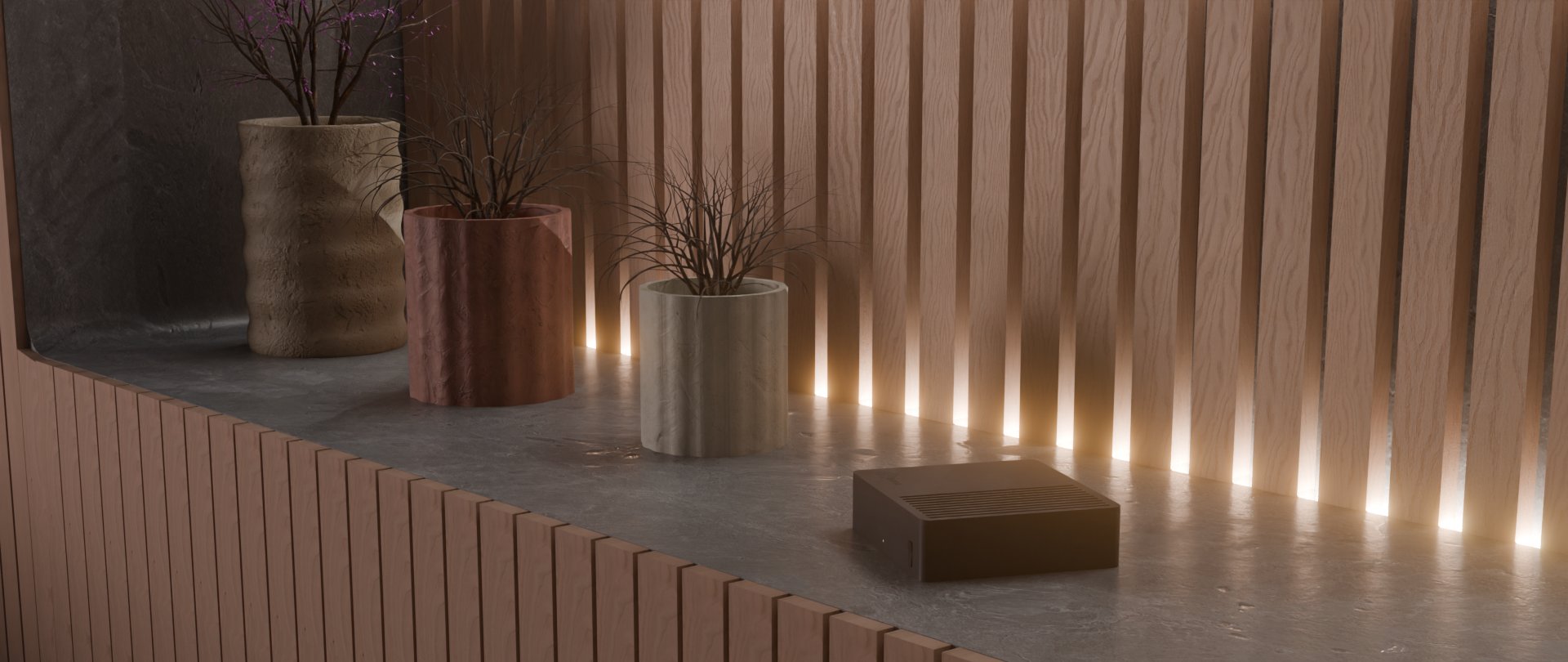Luma Core on a lit shelf beside ceramic planters