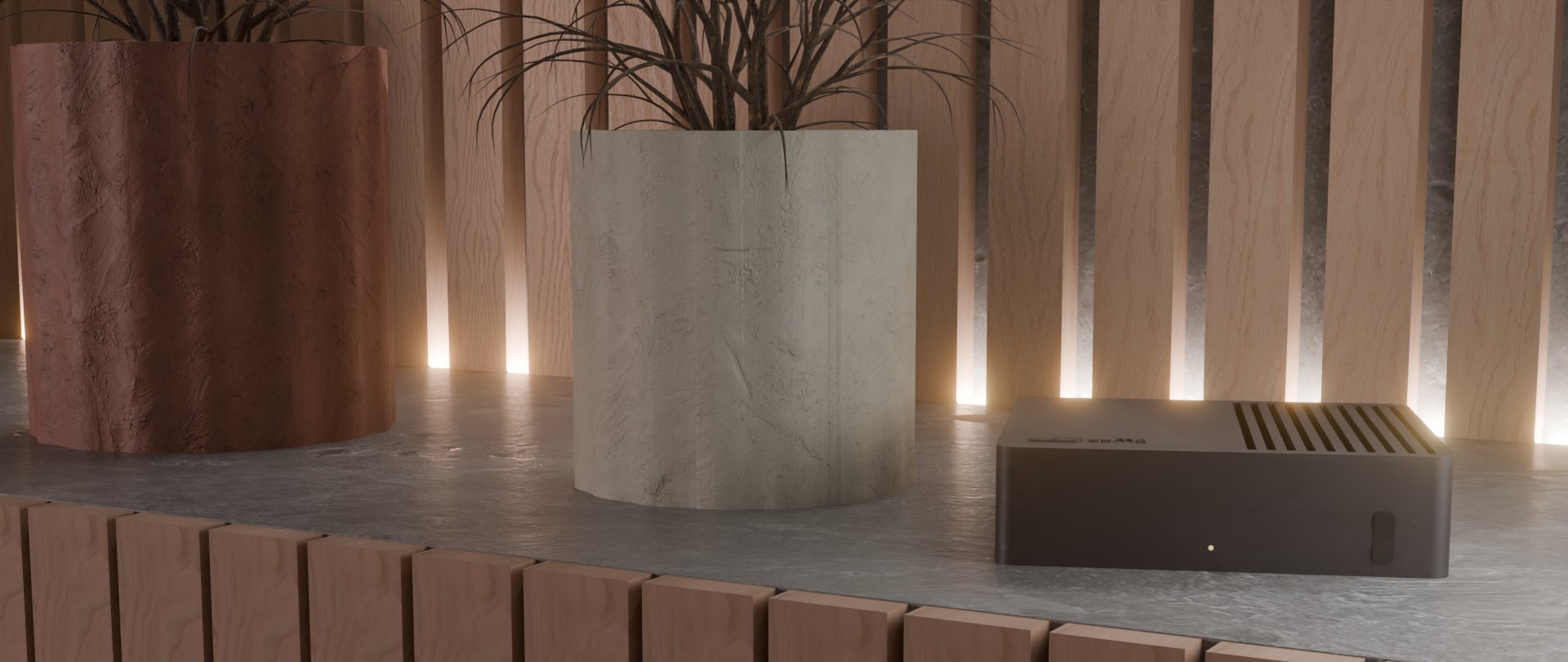 Luma Core on a lit shelf beside ceramic planters