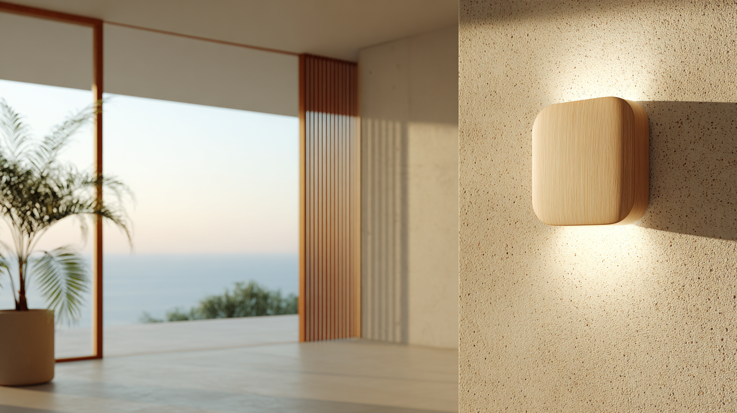A Sense on a textured wall, glowing softly, the sea beyond the window