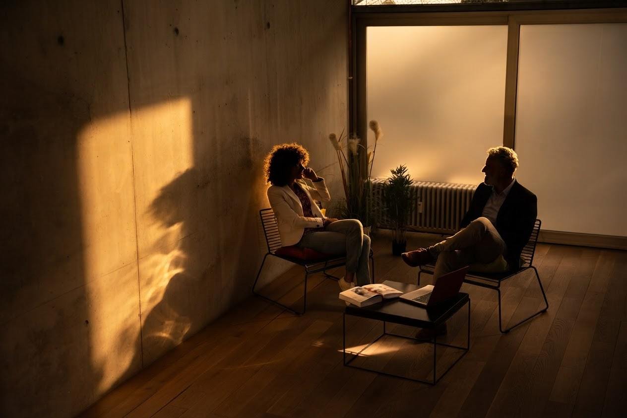 Two people in quiet conversation in a warm, low-lit room with frosted glass